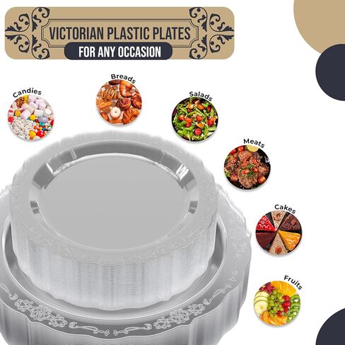 Exquisite Victorian Plastic Plates 80 Piece Plastic Disposable Plates for Party Set For 40 Guests 40 X 7.5 inch Dessert Plates & 40 X 10.25 Inch Plastic Plates Disposable Heavy Duty White & Black in Kuwait