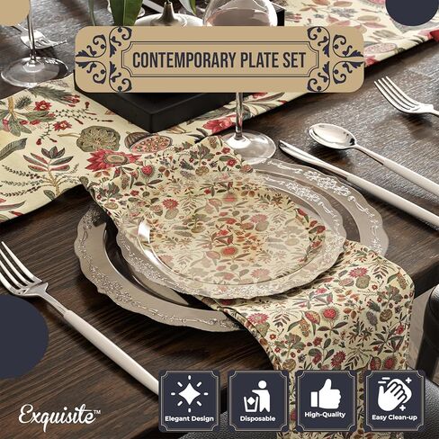 Exquisite Victorian Plastic Plates 80 Piece Plastic Disposable Plates for Party Set For 40 Guests 40 X 7.5 inch Dessert Plates & 40 X 10.25 Inch Plastic Plates Disposable Heavy Duty White & Black in Kuwait