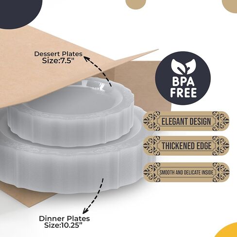 Exquisite Victorian Plastic Plates 80 Piece Plastic Disposable Plates for Party Set For 40 Guests 40 X 7.5 inch Dessert Plates & 40 X 10.25 Inch Plastic Plates Disposable Heavy Duty White & Black in Kuwait