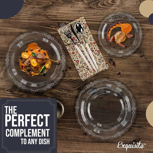 Exquisite Victorian Plastic Plates 80 Piece Plastic Disposable Plates for Party Set For 40 Guests 40 X 7.5 inch Dessert Plates & 40 X 10.25 Inch Plastic Plates Disposable Heavy Duty White & Black in Kuwait