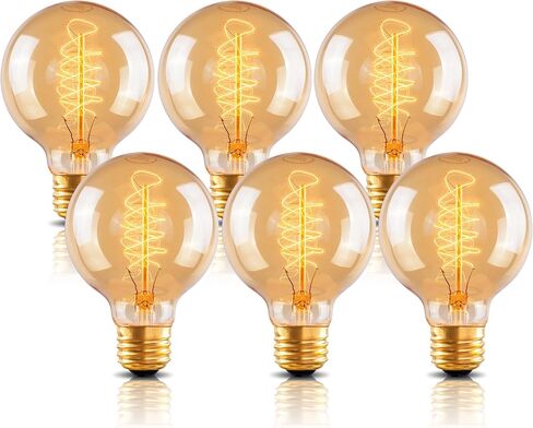 g25 غلوب اديسون لمبة، 60w خمر جولة اديسون لمبة، خمر ضوء لمبة، الأزياء القديمة عكس الضوء المصابيح المتوهجة الرجعية، 2100k الأبيض الدافئ، 240 شمعة، e26، زجاج العنبر، 6 حزمة in Kuwait