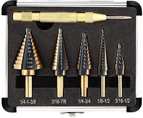 Step Drill Bits, 5PCS HSS Titanium Coated Step Drill Bit Set, with Automatic Center Punch, Covering 50 Sizes High Speed Steel Step Bits for Metal with Aluminum Case Black Gold in Saudi Arabia