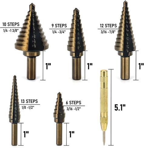 Step Drill Bits, 5PCS HSS Titanium Coated Step Drill Bit Set, with Automatic Center Punch, Covering 50 Sizes High Speed Steel Step Bits for Metal with Aluminum Case Black Gold in Saudi Arabia