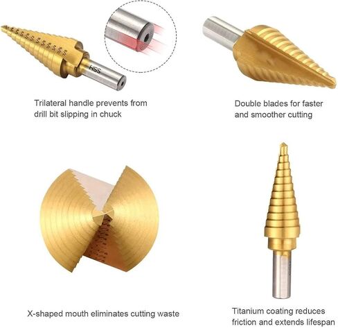 Step Drill Bits, 5PCS HSS Titanium Coated Step Drill Bit Set, with Automatic Center Punch, Covering 50 Sizes High Speed Steel Step Bits for Metal with Aluminum Case Black Gold in Saudi Arabia