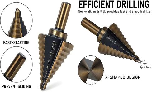 Step Drill Bits, 5PCS HSS Titanium Coated Step Drill Bit Set, with Automatic Center Punch, Covering 50 Sizes High Speed Steel Step Bits for Metal with Aluminum Case Black Gold in Saudi Arabia