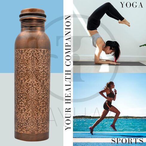 Pure Copper Metal Water Bottle - 32 oz - Traditional Indian Hand-Crafted Ayurveda Healing Drinking Water Bottle for Travel, Hiking, Gym, Office, Outdoor - Antique Finish in Saudi Arabia