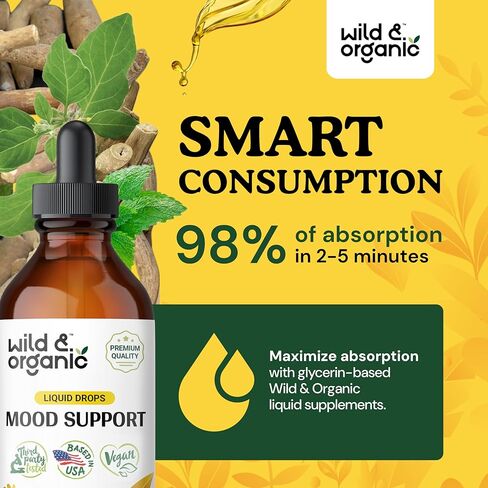 Wild & Organic Mood Support Drops - Good Mood Supplements w/Ashwagandha Root & Rhodiola Rosea - Natural Liquid Drops for Positive Energy - Calm and Relax Supplements for Women and Men - 2 oz in Kuwait