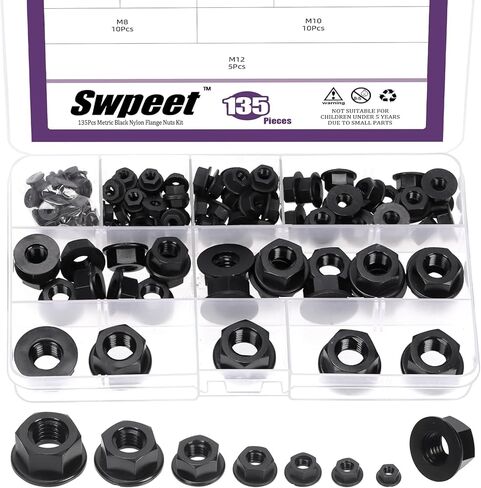 Swpeet 135 قطعة 7 مقاسات M3 M4 M5 M6 M8 M10 M12 مجموعة متنوعة من صواميل شفة نايلون سوداء مترية، صواميل تثبيت بلاستيكية مترية، صواميل سداسية شفة للاستخدام المنزلي ومتجر السيارات in Saudi Arabia