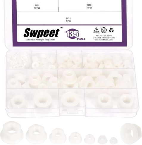 Swpeet 135 قطعة 7 مقاسات M3 M4 M5 M6 M8 M10 M12 مجموعة متنوعة من صواميل شفة نايلون سوداء مترية، صواميل تثبيت بلاستيكية مترية، صواميل سداسية شفة للاستخدام المنزلي ومتجر السيارات in Saudi Arabia