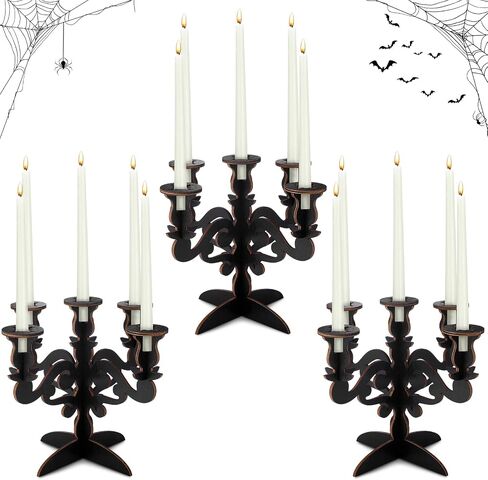 Sliner 3 Pcs 5 Arm Halloween Candlestick Holder Wood Black Candelabra Gothic Candle Holder Retro Halloween Candelabra Candle Stands for Home Decor Wedding Parties Dining Table Centerpiece Mantel in Saudi Arabia