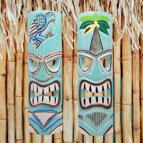 Wowser Tropical Bliss: مجموعة من 2 أقنعة أكوا تيكي مصنوعة يدويًا لتعليق ديكور الحائط، تصميمات متنوعة، 19.25 بوصة in Saudi Arabia