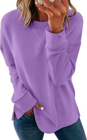Saloogoe Womens Casual Loose Fit Sweatshirt Trendy Tops Crewneck Side Split Long Sleeve Shirts in Saudi Arabia