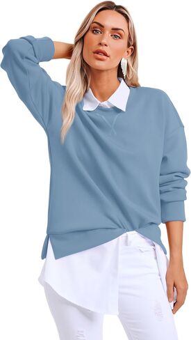 Saloogoe Womens Casual Loose Fit Sweatshirt Trendy Tops Crewneck Side Split Long Sleeve Shirts in Saudi Arabia
