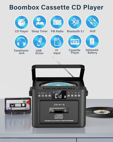 مشغل أقراص مضغوطة Boombox محمول مع مشغل كاسيت، راديو محمول مع بلوتوث، صندوق Boom مع صوت ستيريو، مدعوم ببطارية قابلة للشحن 5000 مللي أمبير (أسود) in Saudi Arabia