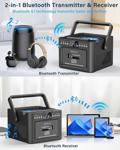 مشغل أقراص مضغوطة Boombox محمول مع مشغل كاسيت، راديو محمول مع بلوتوث، صندوق Boom مع صوت ستيريو، مدعوم ببطارية قابلة للشحن 5000 مللي أمبير (أسود) in Saudi Arabia