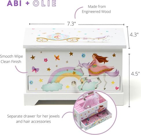 صندوق مجوهرات للأطفال من ABI + OLIE للفتيات، صندوق مجوهرات للفتيات الصغيرات، صندوق مجوهرات موسيقي للفتيات من سن 8 إلى 12 - صناديق الموسيقى للفتيات - موضوع قلعة الأميرة وحيد القرن in Saudi Arabia