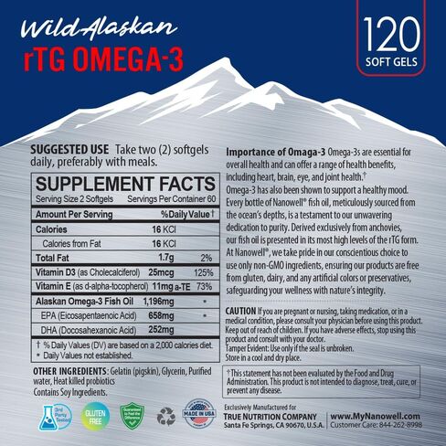 زيت السمك Wild Alaskan rTG أوميغا 3 1196 ملغ - EPA، DHA، فيتامين D3 وE - 120 كبسولة هلامية، كمية تكفي 60 يومًا in Saudi Arabia