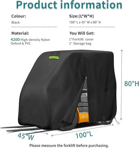 غطاء رافعة شوكية، 420D أكسفورد 100 بوصة طول × 45 بوصة عرض × 80 بوصة ارتفاع، مقاوم للماء، مقاوم للأشعة فوق البنفسجية، غطاء رافعة شوكية خارجي مقاوم للرياح يناسب جميع الرافعات الشوكية حتى 8000 رطل (100 بوصة طول × 45 بوصة عرض × 80 بوصة ارتفاع، أسود) in Kuwait