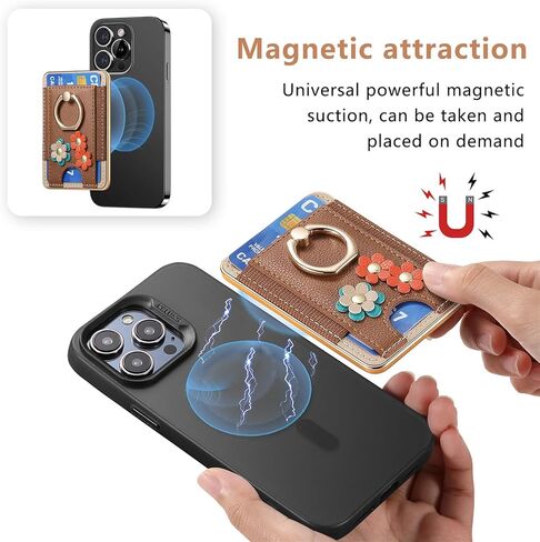 متوافق مع حافظة محفظة MagSafe التي تلتصق على جيب حامل بطاقة الائتمان المغناطيسي بحامل حلقي 360 درجة بنمط زهور لهاتف iPhone Samsung Android معظم الهواتف الذكية مقاس 5 بوصة - 8 بوصة تناسب 6 بطاقات in Kuwait