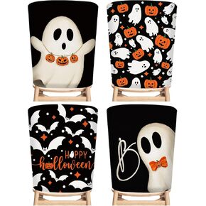 4Pcs Halloween Chair Back Covers Ghost Pumpkin Bat Dining Chair Slipcovers Removable Cute Seat Protector Covers for Home Kitchen