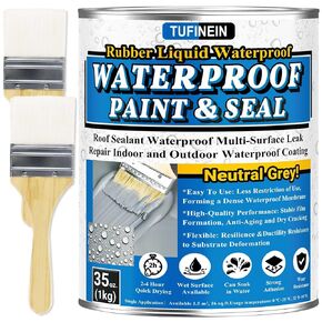 Rubber Liquid Waterproof Sealant, TUFINEIN 35oz Neutral Gray Waterproof Patch & Seal Coating, Quick Drying Waterproof Paint Indoor & Outdoor Multi-Surface Leak Repair Basement, Pool, Roof Leak Sealant