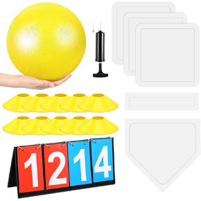 Jenaai 18 Pcs Sports Kickball Set Includes Playground Ball 5 Rubber Throw Down Bases Ball Pump Scoreboard Net Bag 10 Foul Line Cones for Kids Adults Playground School Backyard Game