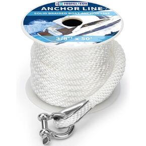 Anchor Rope Braided Anchor Line(White, 3/8" x 50') Premium Solid Braid MFP Boat Rope with Stainless Steel Thimble & Shackle, Quality Marine Rope, Boat Accessories