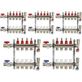 Midline Valve NQT104-5 PEX Manifold 1/2 in. for Radiant Heating System; with Valves, Vents, Gauges, and Mounting Brackets; Stainless Steel; 4 Port (5 Pack)