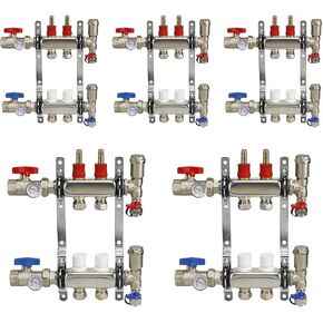 Midline Valve NQT102-5 PEX Manifold 1/2 in. for Radiant Heating System; with Valves, Vents, Gauges, and Mounting Brackets; Stainless Steel; 2 Port (5 Pack)