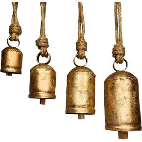Set of 4 Harmony Cow Bells Vintage Handmade Rustic Lucky Christmas Hanging Décor Bells On Rope (Set of 4 Bells)