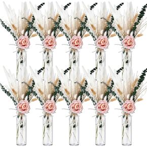 10 Set Dried Pampas Grass Centerpiece Include 10 Clear Glass Jars 10 Artificial Roses 80 Dried Pampas Grass with Rope for Wedding Rustic Baby Shower Party Farmhouse Home Decoration