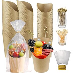 60Sets Charcuterie Cups with Sticks 14oz Disposable French Fry Holder Come with 60 Portable Clear Bags 200 Cocktail Picks 60 Labels Kraft Paper Appetizer Cups for Individual Party Serving Snack