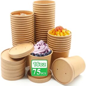 75 Pack Disposable Kraft Paper Food Cups, 16oz Paper Soup Containers with Vented Lids,Microwavable and Freezer Safe,Disposable Soup Serving Bowls Party/Restaurants Bulk Supplies for Hot/Cold Food