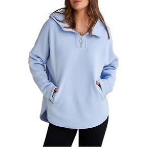 BLENCOT المرأة عادية الربع البريدي كنزة قطيفة كم طويل نصف سستة بلوزات مقنعين ملابس الخريف العصرية مع جيوب in Kuwait