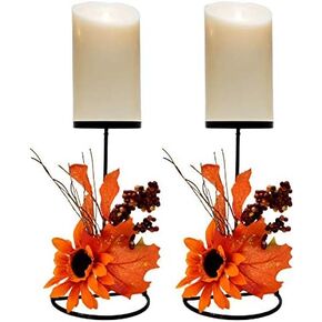 Gift Boutique Thanksgiving Candle Holders for Table Centerpiece Set of 2 Fall Metal Pillar Candle Orange Berry Twig Maple Leaf Sunflower Harvest Centerpieces for Autumn Wedding Dining Room Decoration