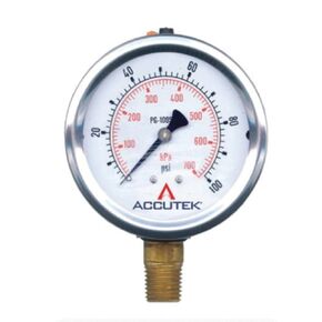 Accutek PG-15SG25 Pressure Gauge, 0 to 15 psi, 0 to 100 kPa Pressure, 1/4 in Connection, 2-1/2 in Dia Dial, 1.5% Full Scale Accuracy
