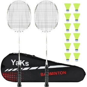 YAKS Badminton Set,2 Player Badminton Rackets for Outdoor Backyard Games, Carbon Fiber Badminton Racquet with 12 Shuttlecocks and 1 Carrying Bag