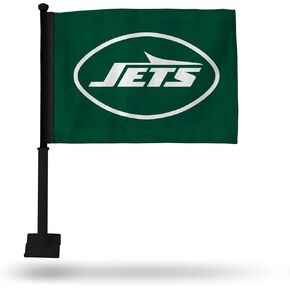 Rico Industries NFL Football New York Jets Black Pole Double Sided Car Flag with Black Pole - 16" x 19" - Strong Pole that Hooks Onto Car/Truck/Automobile