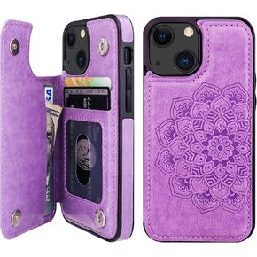 Vaburs Compatible with iPhone 13 Mini Case Wallet with Card Holder, Embossed Mandala Pattern Flower PU Leather Double Buttons Flip Shockproof Cover for Magnetic Car Mount 5.4 Inch (Blue)