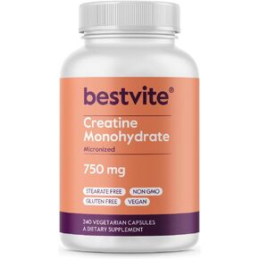 BESTVITE Creatine Monohydrate 750mg (240 Vegetarian Capsules) - Micronized - No Stearates - Vegan - Non GMO - No Gelatin - Gluten Free - Creatine Capsules