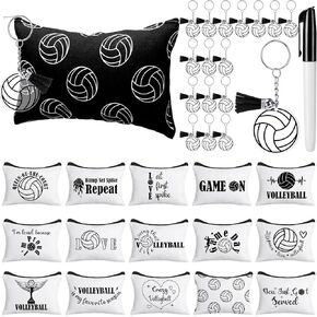 33 Pcs Volleyball Gifts Include 16 Pcs Volleyball Makeup Bag Volleyball Canvas Cosmetic Bag 16 Pcs Volleyball Acrylic Keychain Bulk with 1 Black Marker for School Team Volleyball Lover Gift