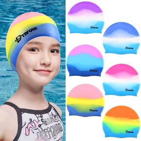 6 Pieces Kids Swim Caps,Silicone Swim Cap,Toddlers Swimming Caps,Kids Swim Caps for Boys Girls,Waterproof Swimming Hat,Elastic Bathing Caps for Short Long Hair to Keep Hair Dry