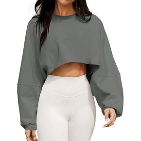 Women Long Sleeve Crop Tops Crewneck Casual Loose Workout Athletic Sweatshirts Pullover Tshirt