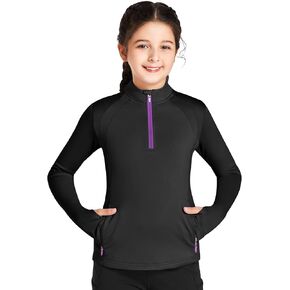FitsT4 Sports Girls Fleece Long Sleeve Shirts Thumbhole Horse Riding Shirt Kids Equestrain Half Zip Thermal Jacket