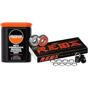 Bones Reds Bearings 8 Pack with Bronson Cleaning Unit, Spacers & Washers Bundle