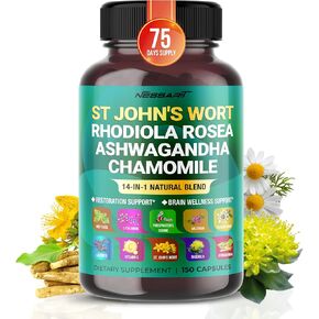 ST JOHN'S WORT 15,000mg 14-in-1 Natural Blend with Rhodiola Ashwagandha Chamomile Holy Basil L-Theanine Valerian Passionflower - 150 count - Made & Tested in The USA
