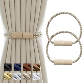 Curtain Tiebacks Magnetic Boho Curtain Holders for Drapes 8 Pack Rope Curtain Tie Backs for Curtains Wooden Window Treatment Holdbacks for Home Decorative Curtain, Khaki