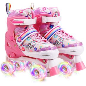 Roller Skates Girls 4 Size Adjustable, Light up Wheels, Best Gift for Girls Boys and Toddlers, Fun Indoor & Outdoor Quad Skates, Patines para Niñas Niños