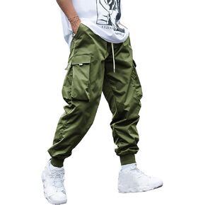 WZIKAI Men's Casual Cargo Pants Elastic Waist Drawstring Tapered Pants Athletic Techwear Joggers Pants with Flap Pockets
