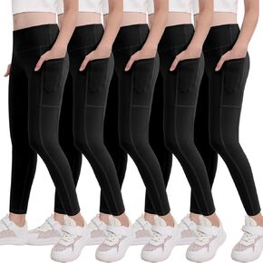CHRLEISURE Girls' Athletic Leggings with Pockets, Kids Dance Running Yoga Workout Pants
